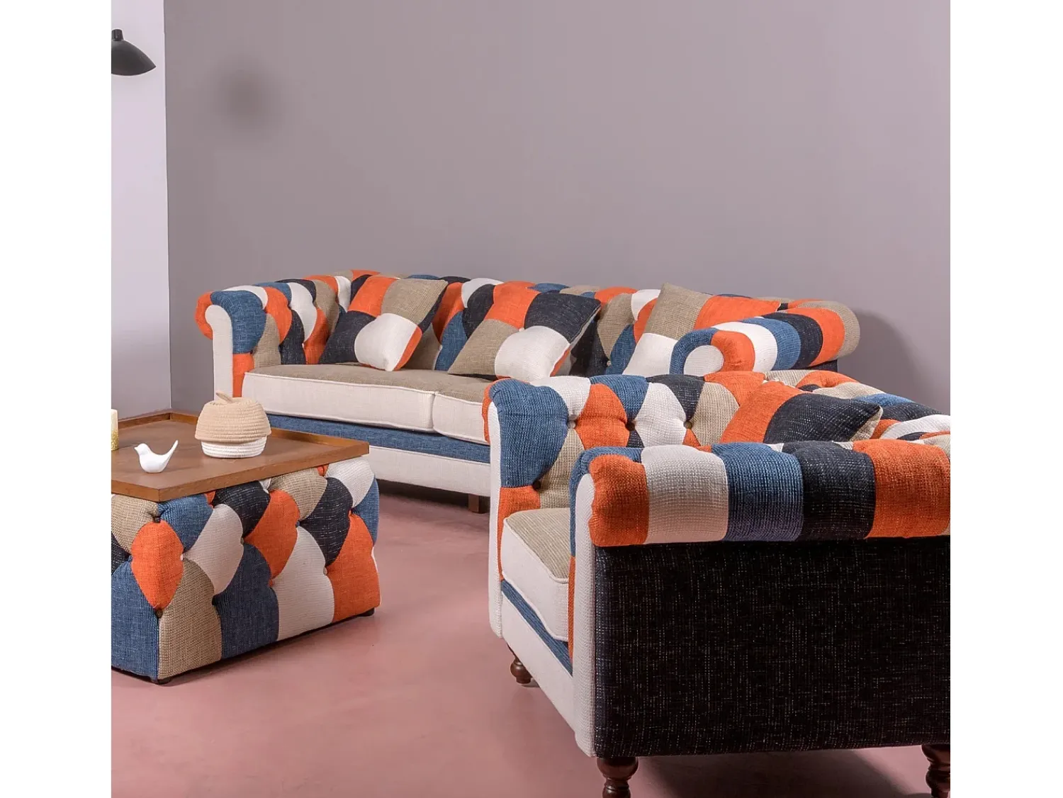 Poltrona|Nest Dream Sofá de 1 lugar estofado em patchwork - Chesterfield - Retalhos Multicor