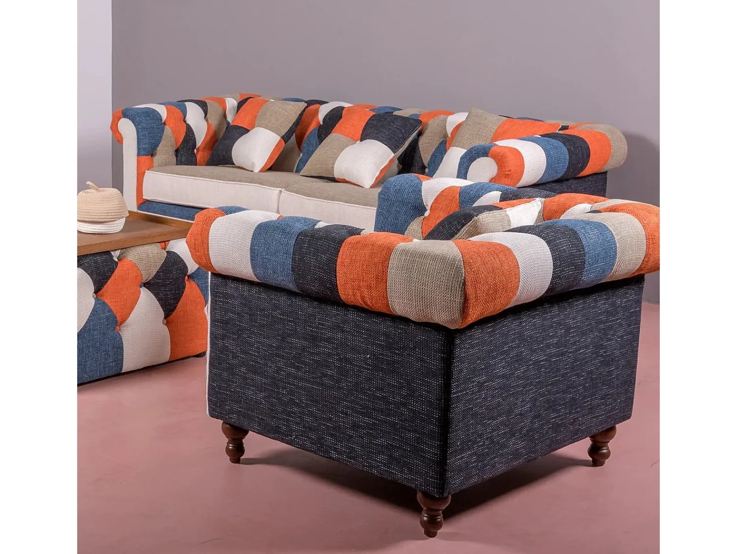 Poltrona|Nest Dream Sofá de 1 lugar estofado em patchwork - Chesterfield - Retalhos Multicor