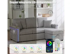Sofá*Merax Sofá de 4 lugares - 194 x 73 x 81 cm - com LEDs + USB + apoio para os pés com armazenamento + 2 gavetas - Veludo - cinza claro Cinzento claro
