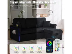 Sofá*Merax Sofá de 4 lugares - 194 x 73 x 81 cm - com LEDs + USB + apoio para os pés com armazenamento + 2 gavetas - Veludo - Preto