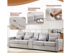 Best Merax Sofá de 4 lugares - 290 x 83 x 88 cm - com 2 porta-copos, 2 portas USB, 2 bolsos e 4 almofadas - Tecido de linho - Cinza Cinzento