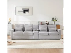 Best Merax Sofá de 4 lugares - 290 x 83 x 88 cm - com 2 porta-copos, 2 portas USB, 2 bolsos e 4 almofadas - Tecido de linho - Cinza Cinzento
