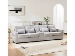 Best Merax Sofá de 4 lugares - 290 x 83 x 88 cm - com 2 porta-copos, 2 portas USB, 2 bolsos e 4 almofadas - Tecido de linho - Cinza Cinzento