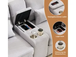 Best Merax Sofá de 4 lugares - 290 x 83 x 88 cm - com 2 porta-copos, 2 portas USB, 2 bolsos e 4 almofadas - Tecido de linho - Cinza Cinzento