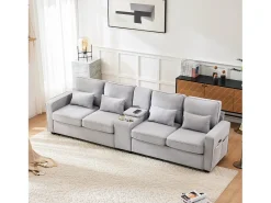 Best Merax Sofá de 4 lugares - 290 x 83 x 88 cm - com 2 porta-copos, 2 portas USB, 2 bolsos e 4 almofadas - Tecido de linho - Cinza Cinzento