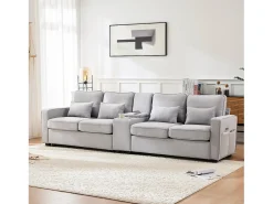 Best Merax Sofá de 4 lugares - 290 x 83 x 88 cm - com 2 porta-copos, 2 portas USB, 2 bolsos e 4 almofadas - Tecido de linho - Cinza Cinzento