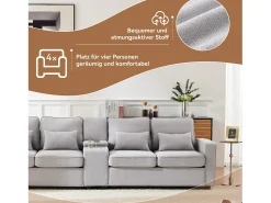 Best Merax Sofá de 4 lugares - 290 x 83 x 88 cm - com 2 porta-copos, 2 portas USB, 2 bolsos e 4 almofadas - Tecido de linho - Cinza Cinzento