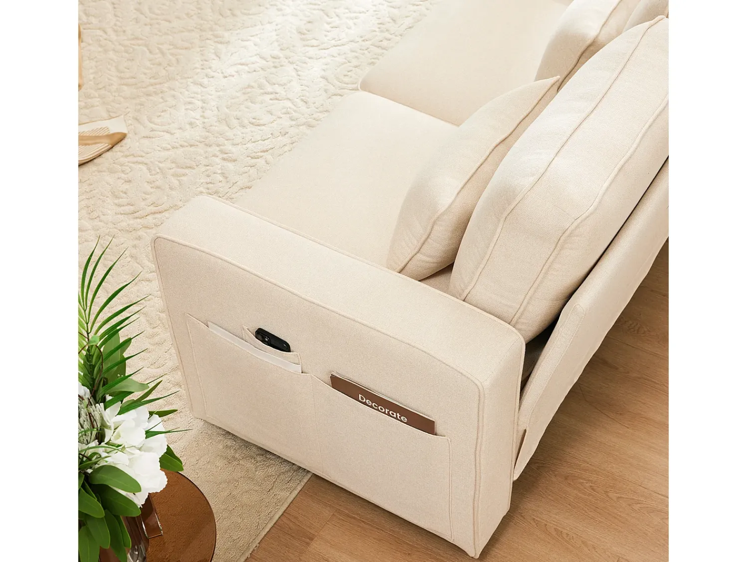 Sofá|Merax Sofá de 4 lugares - 290 x 83 x 88 cm - com 2 porta-copos, 2 portas USB, 2 bolsos e 4 almofadas - Tecido de linho - Bege