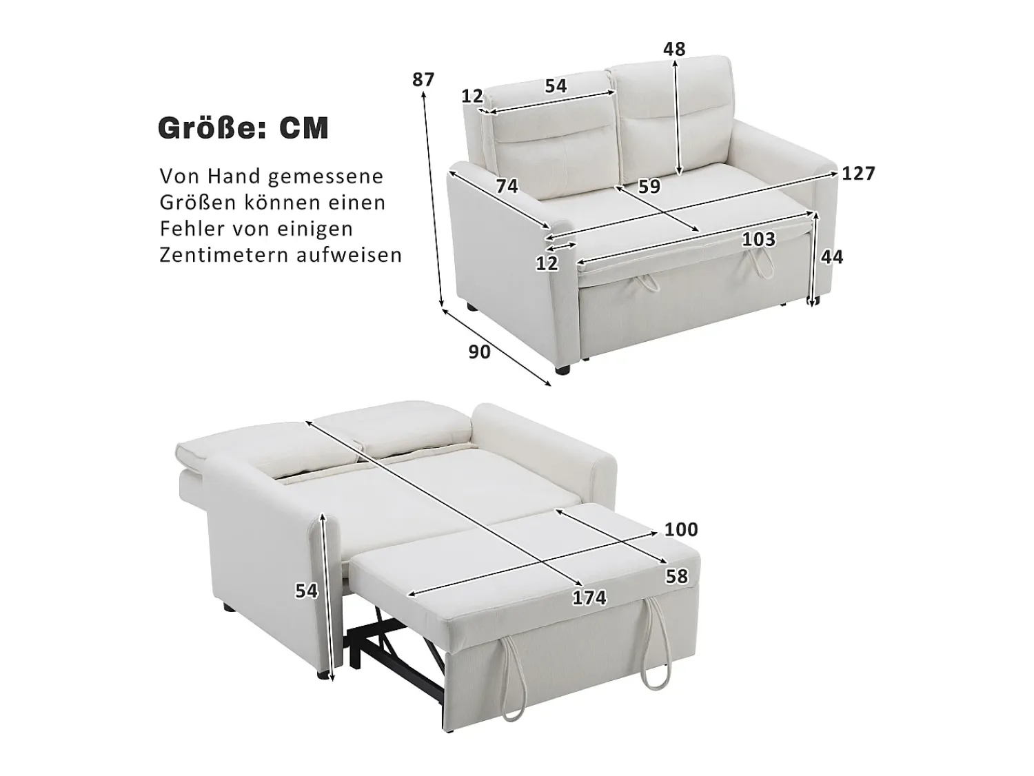 Merax Sofá de 2 lugares - 127 x 90 x 87 cm - Sofá-cama retrátil + encosto ajustável + almofadas - veludo -^ Sofá