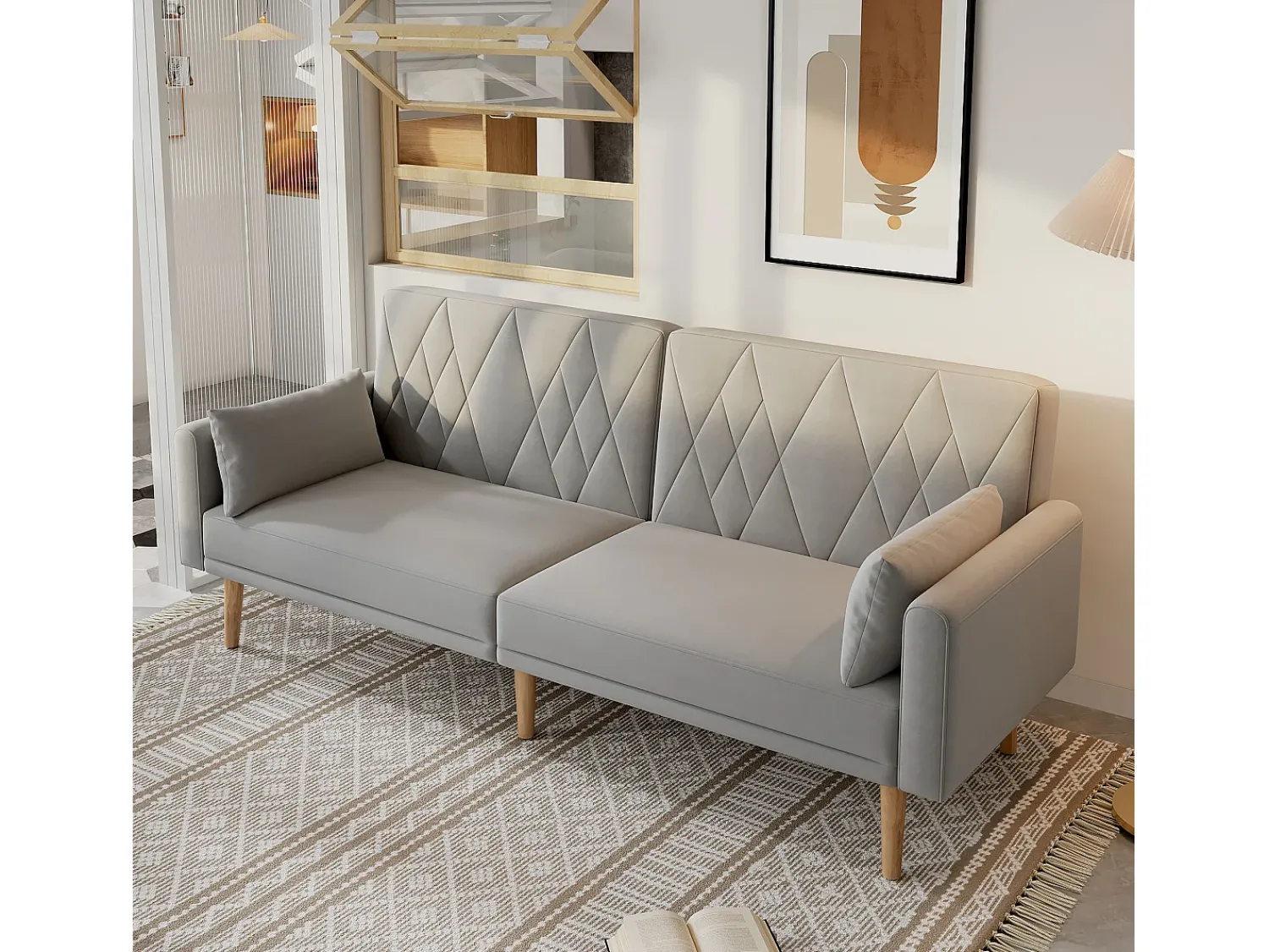 Merax Sofá de 2 lugares - 180 x 75 x 82 cm - Sofá-cama conversível - encosto ajustável - veludo - cinza^ Sofá