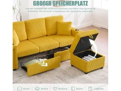 Online Merax Sofá de 4 lugares - 194 x 73 x 81 cm - com LEDs + USB + apoio para os pés com armazenamento + 2 gavetas - Veludo - Amarelo