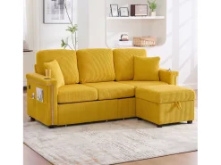 Online Merax Sofá de 4 lugares - 194 x 73 x 81 cm - com LEDs + USB + apoio para os pés com armazenamento + 2 gavetas - Veludo - Amarelo