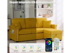Online Merax Sofá de 4 lugares - 194 x 73 x 81 cm - com LEDs + USB + apoio para os pés com armazenamento + 2 gavetas - Veludo - Amarelo