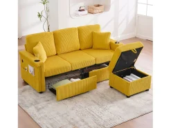Online Merax Sofá de 4 lugares - 194 x 73 x 81 cm - com LEDs + USB + apoio para os pés com armazenamento + 2 gavetas - Veludo - Amarelo