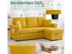 Online Merax Sofá de 4 lugares - 194 x 73 x 81 cm - com LEDs + USB + apoio para os pés com armazenamento + 2 gavetas - Veludo - Amarelo