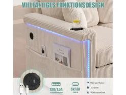 Merax Sofá de 4 lugares - 194 x 73 x 81 cm - com LEDs + USB + apoio para os pés com armazenamento + 2 gavetas - Veludo -^ Sofá