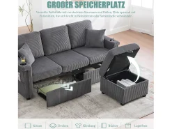 Sofá|Merax Sofá de 4 lugares - 194 x 73 x 81 cm - com LEDs + USB + apoio para os pés com armazenamento + 2 gavetas - Veludo - cinza Cinzento