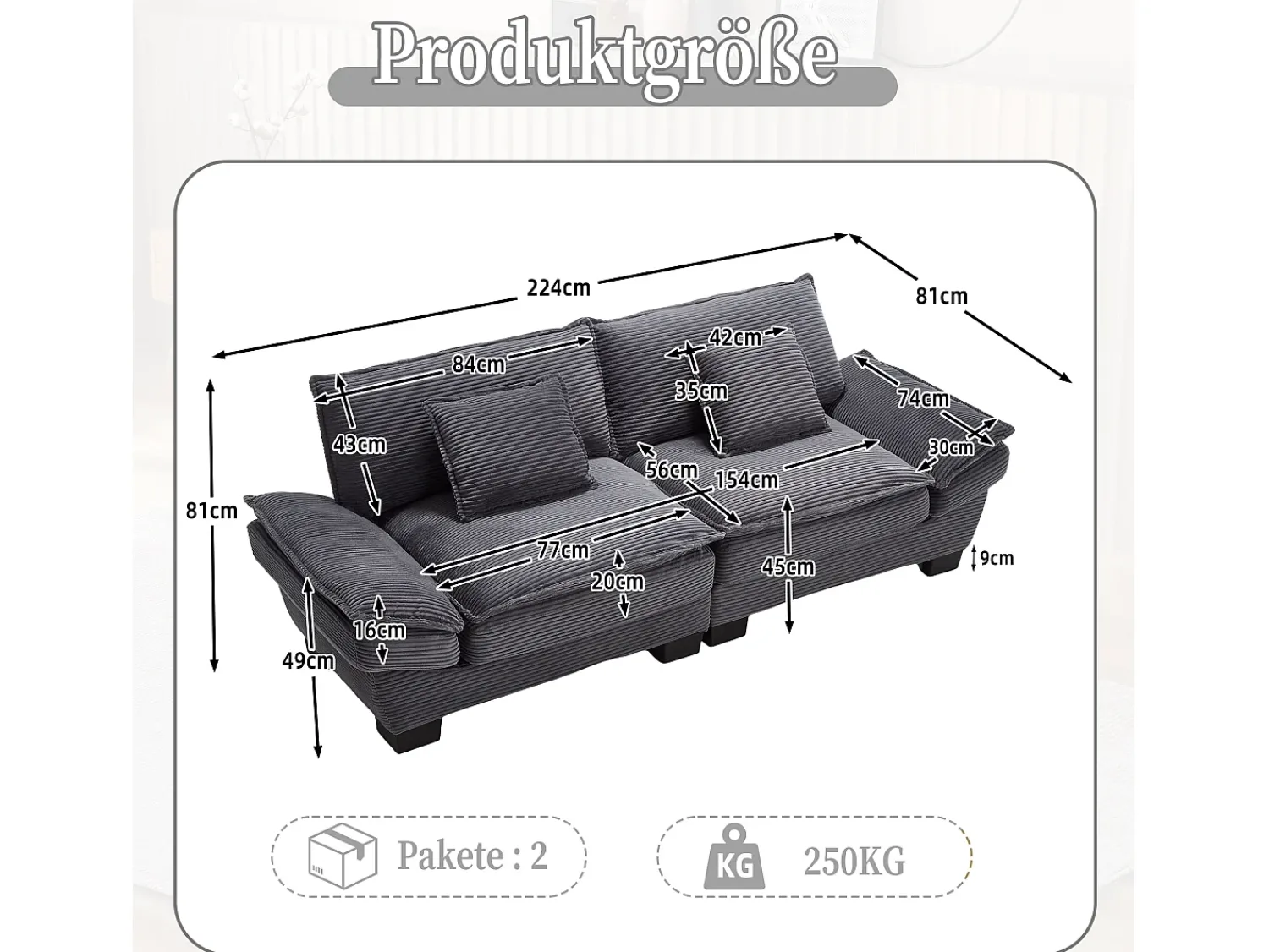 Best Sofá de 2 lugares - Sofá reto com almofadas - - para sala e quarto Cinzento
