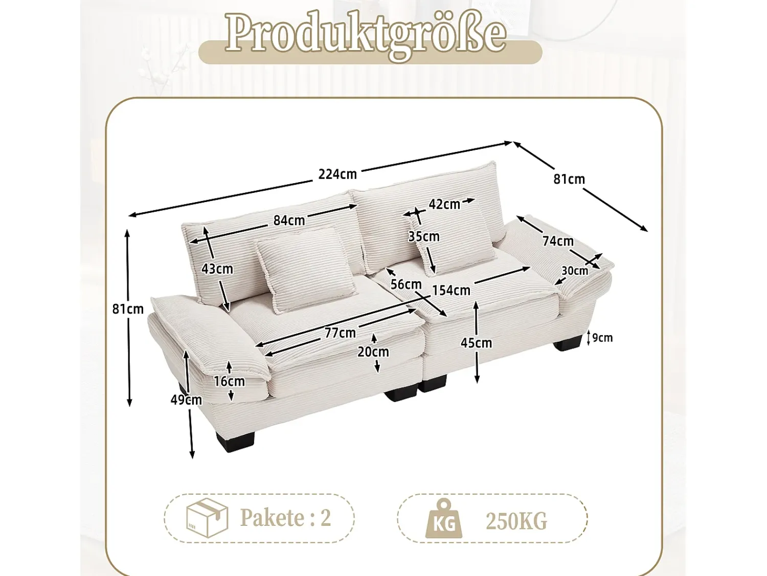 Sofá| Sofá de 2 lugares - Sofá reto com almofadas - - para sala e quarto Bege