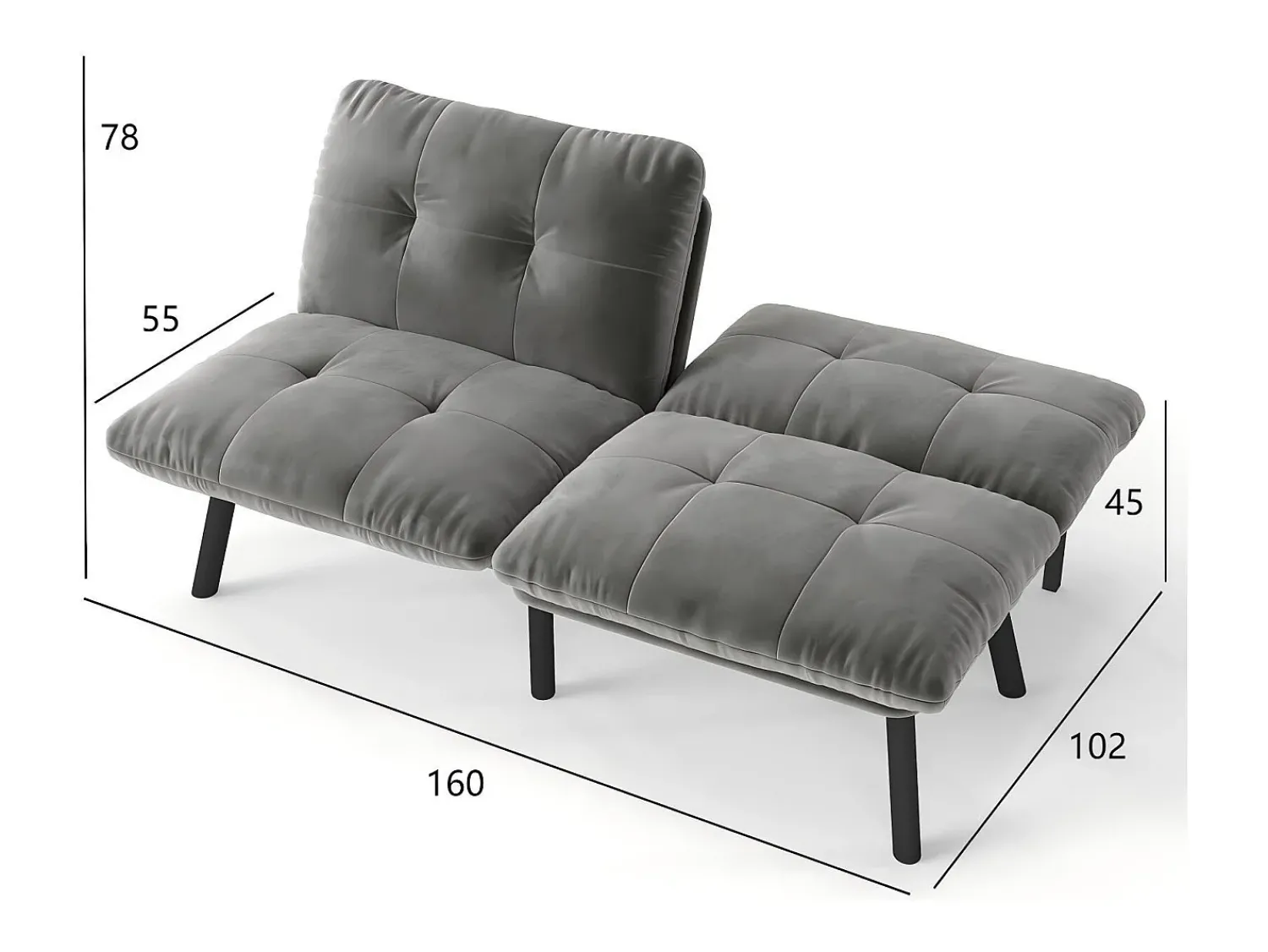 Discount Sofá de 2 lugares - Sofá reto com encosto rebatível e pernas em metal - veludo Cinzento