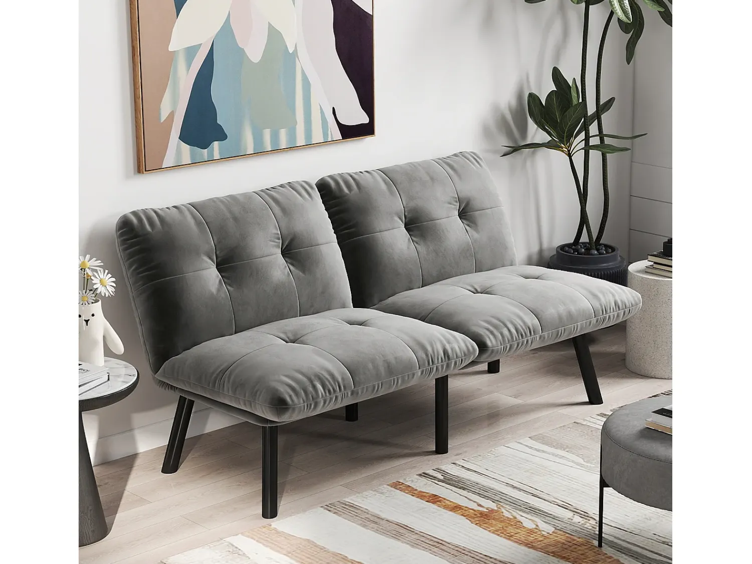 Discount Sofá de 2 lugares - Sofá reto com encosto rebatível e pernas em metal - veludo Cinzento