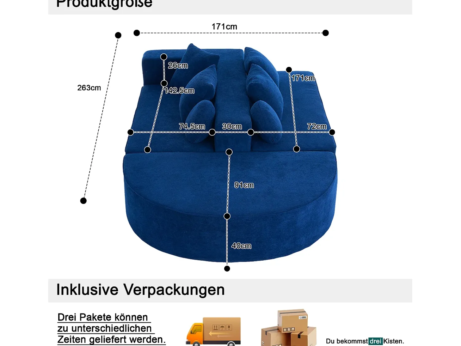 Sofá* Sofá de 5 lugares – Sofá segmentado com 6 almofadas e apoios de braços – chenille Azul