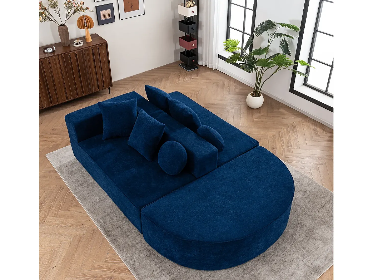 Sofá* Sofá de 5 lugares – Sofá segmentado com 6 almofadas e apoios de braços – chenille Azul