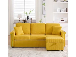Sofá* Sofá de 4 lugares - Sofá de canto com iluminação LED e apoio para os pés com compartimento - suporte para copos e bolsos laterais - bombazine Amarelo