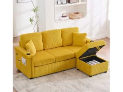 Sofá* Sofá de 4 lugares - Sofá de canto com iluminação LED e apoio para os pés com compartimento - suporte para copos e bolsos laterais - bombazine Amarelo