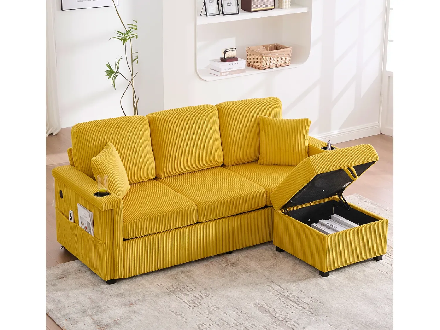 Sofá* Sofá de 4 lugares - Sofá de canto com iluminação LED e apoio para os pés com compartimento - suporte para copos e bolsos laterais - bombazine Amarelo