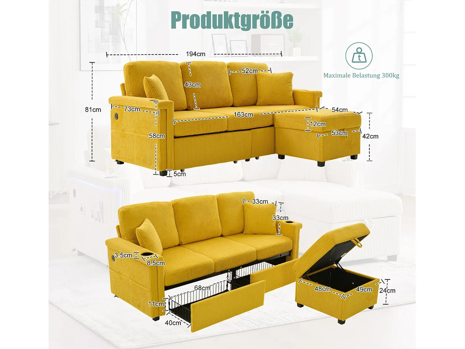 Sofá* Sofá de 4 lugares - Sofá de canto com iluminação LED e apoio para os pés com compartimento - suporte para copos e bolsos laterais - bombazine Amarelo