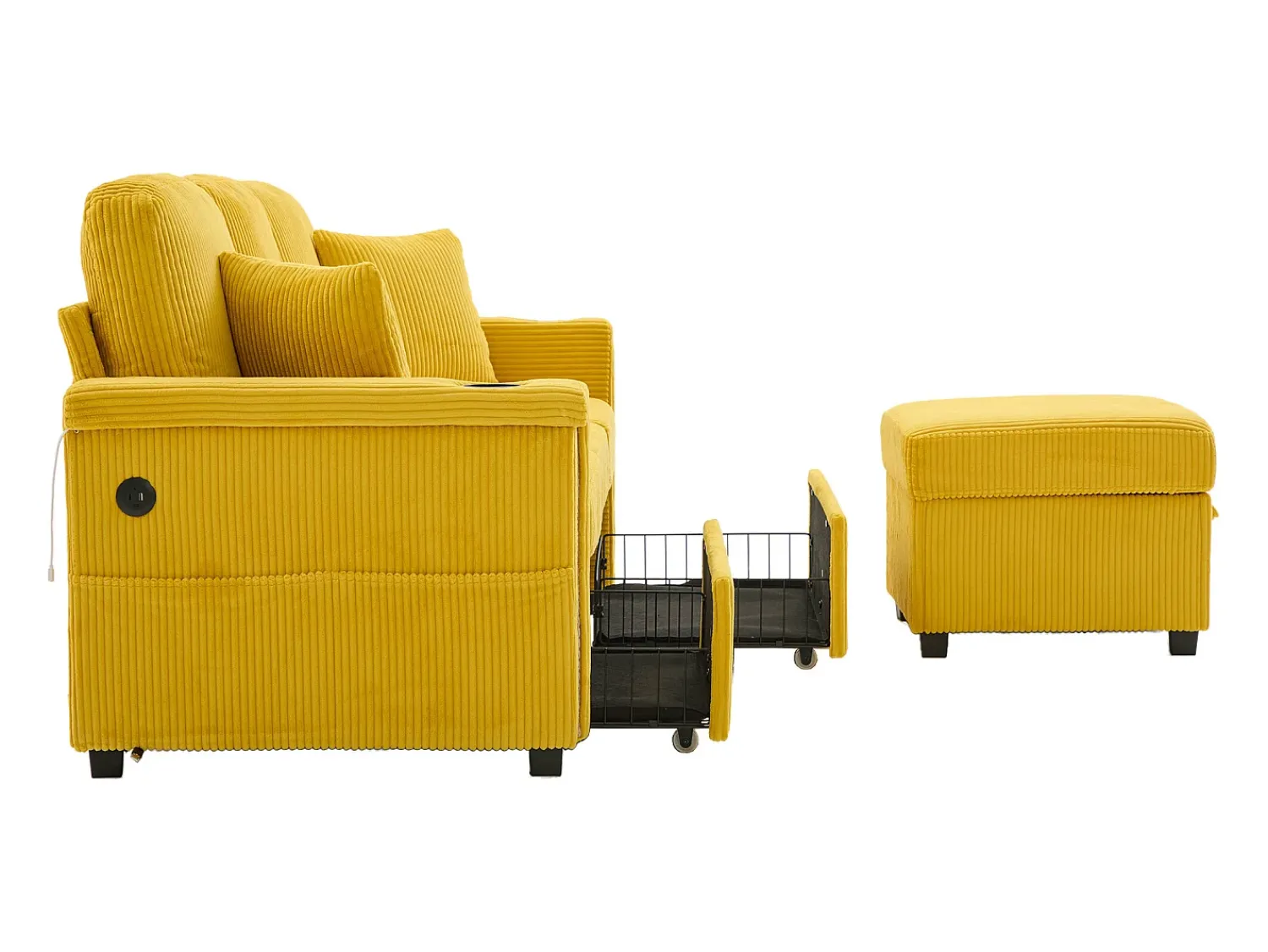 Sofá* Sofá de 4 lugares - Sofá de canto com iluminação LED e apoio para os pés com compartimento - suporte para copos e bolsos laterais - bombazine Amarelo