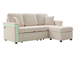 Sofá| Sofá de 4 lugares - Sofá de canto com iluminação LED e apoio para os pés com compartimento - suporte para copos e bolsos laterais - bombazine Bege