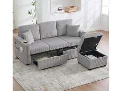 Sofá| Sofá de 4 lugares cinza claro - Sofá de canto com iluminação LED e apoio para os pés com compartimento - suporte para copos e bolsos laterais - bombazine Cinzento claro