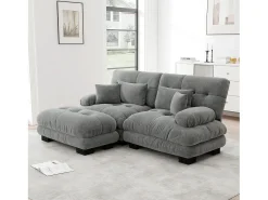 Sofá| Sofá de 2 lugares - Sofá de canto com 2 almofadas lombares e 2 almofadas decorativas - Apoios de Braços e Apoio para os Pés - Chenille Cinzento