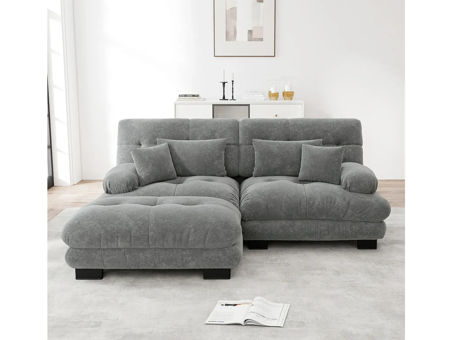 Sofá| Sofá de 2 lugares - Sofá de canto com 2 almofadas lombares e 2 almofadas decorativas - Apoios de Braços e Apoio para os Pés - Chenille Cinzento