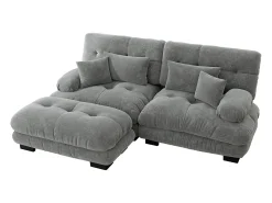 Sofá| Sofá de 2 lugares - Sofá de canto com 2 almofadas lombares e 2 almofadas decorativas - Apoios de Braços e Apoio para os Pés - Chenille Cinzento