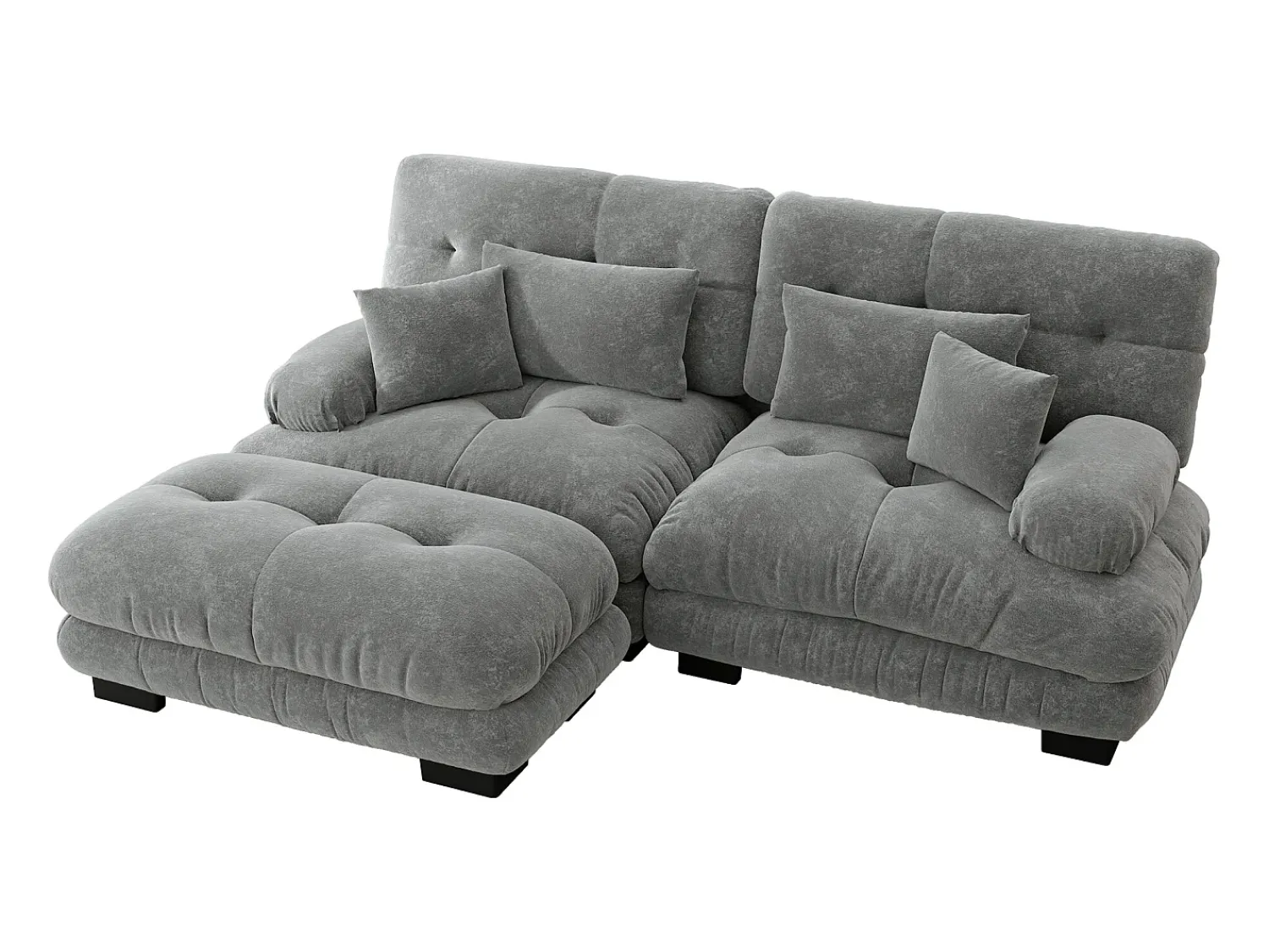 Sofá| Sofá de 2 lugares - Sofá de canto com 2 almofadas lombares e 2 almofadas decorativas - Apoios de Braços e Apoio para os Pés - Chenille Cinzento