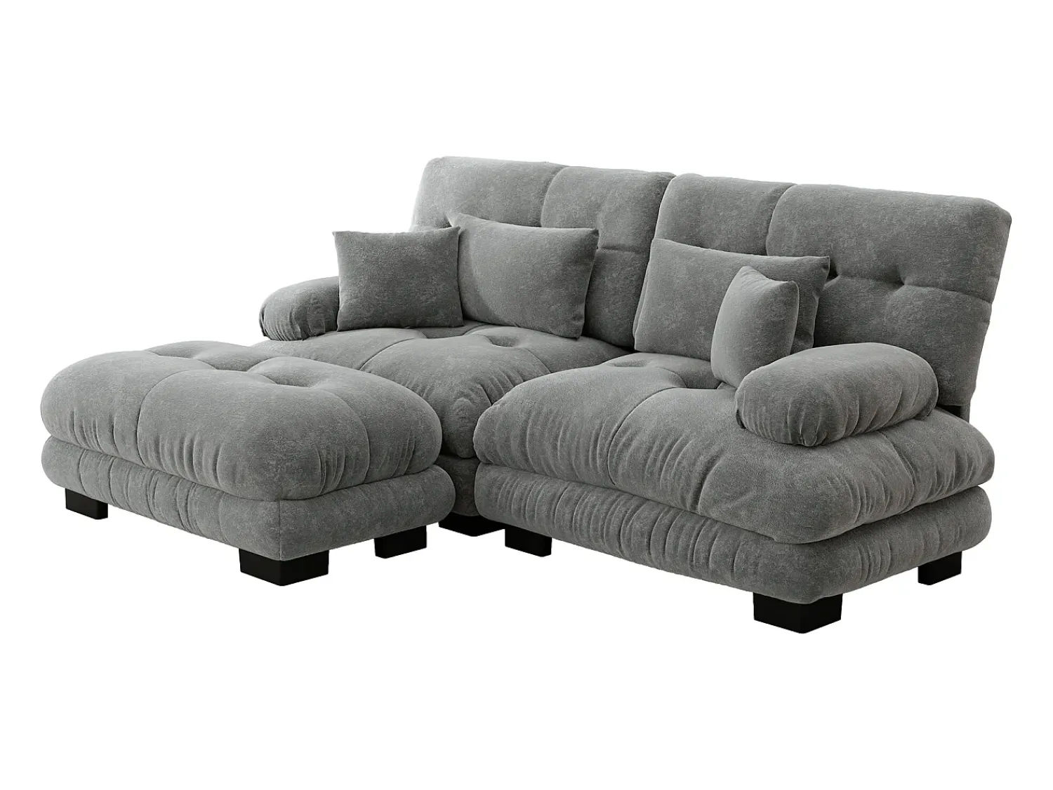 Sofá| Sofá de 2 lugares - Sofá de canto com 2 almofadas lombares e 2 almofadas decorativas - Apoios de Braços e Apoio para os Pés - Chenille Cinzento