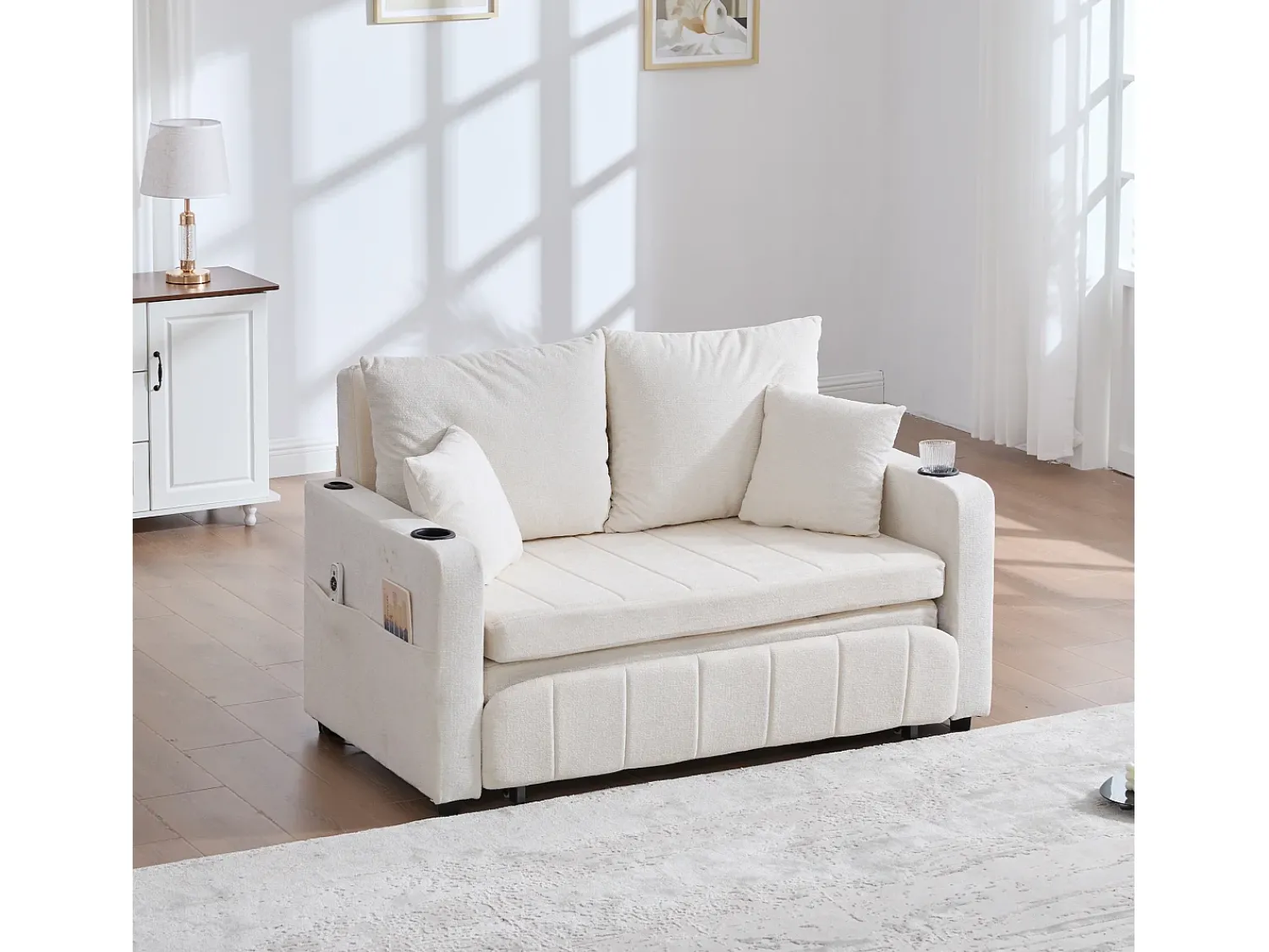 Sofá* Sofá de 2 lugares com 4 almofadas - Sofá relaxante com suporte para copos e bolsos laterais - chenille Bege