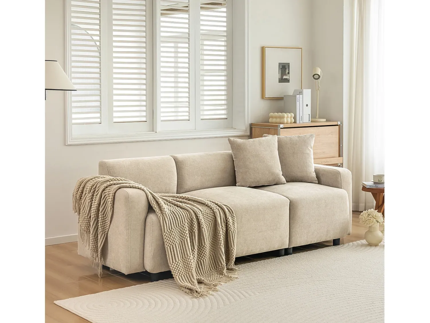 Sofá|Merax Sofá de 3 lugares com 2 almofadas - 211 x 67 x 71 cm - Tecido Chenille - Bege