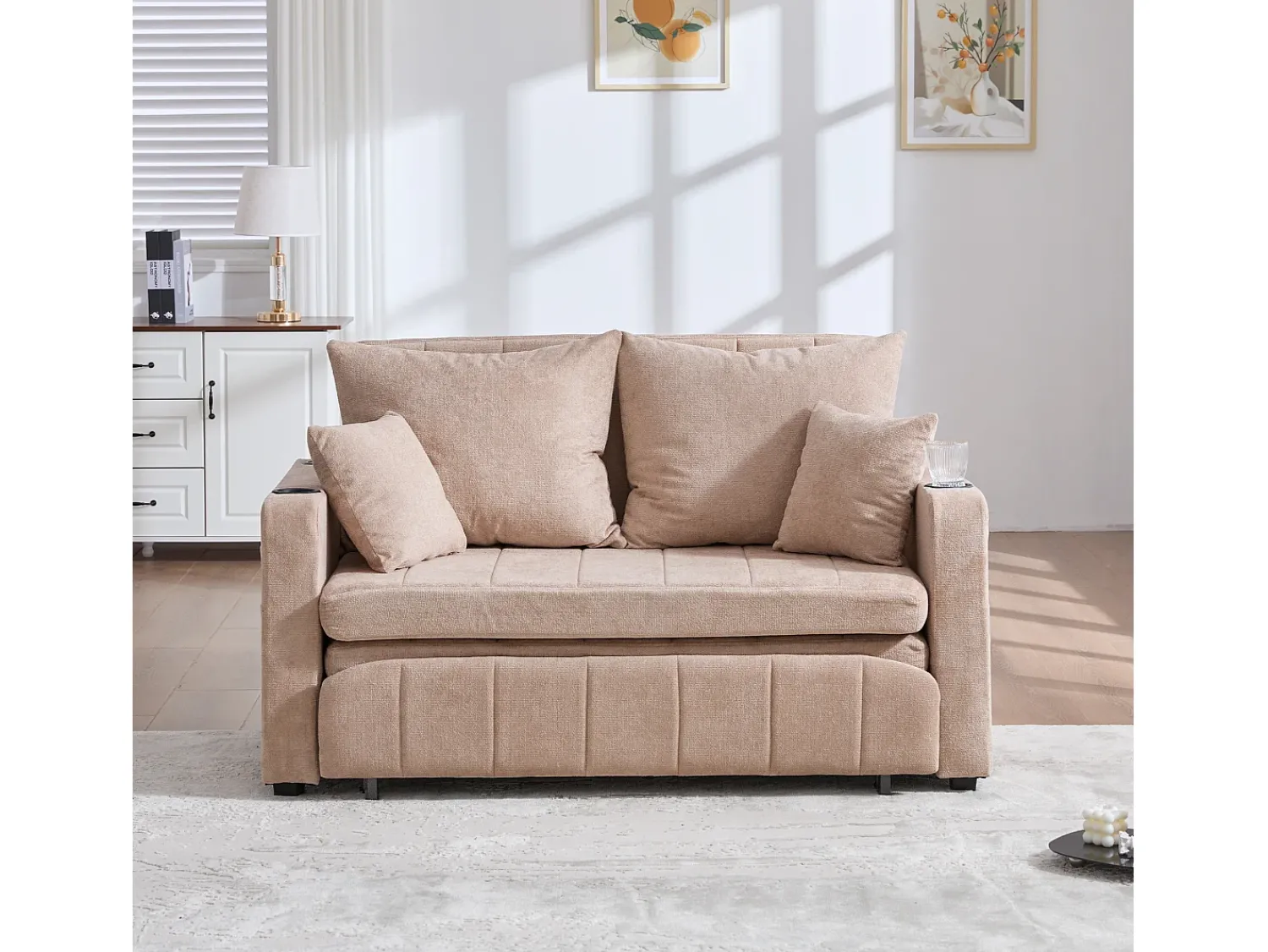 Sofá de 2 lugares com 4 almofadas - Sofá relaxante com suporte para copos e bolsos laterais - chenille^ Sofá