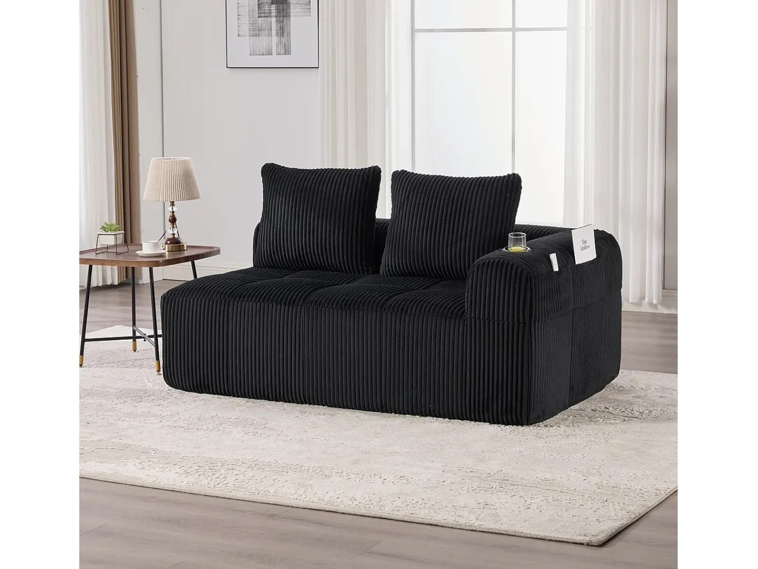 Outlet Hauss Spole Sofá de 2 lugares com almofada e bolso lateral - Veludo Cotelê - Preto