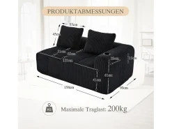 Outlet Hauss Spole Sofá de 2 lugares com almofada e bolso lateral - Veludo Cotelê - Preto