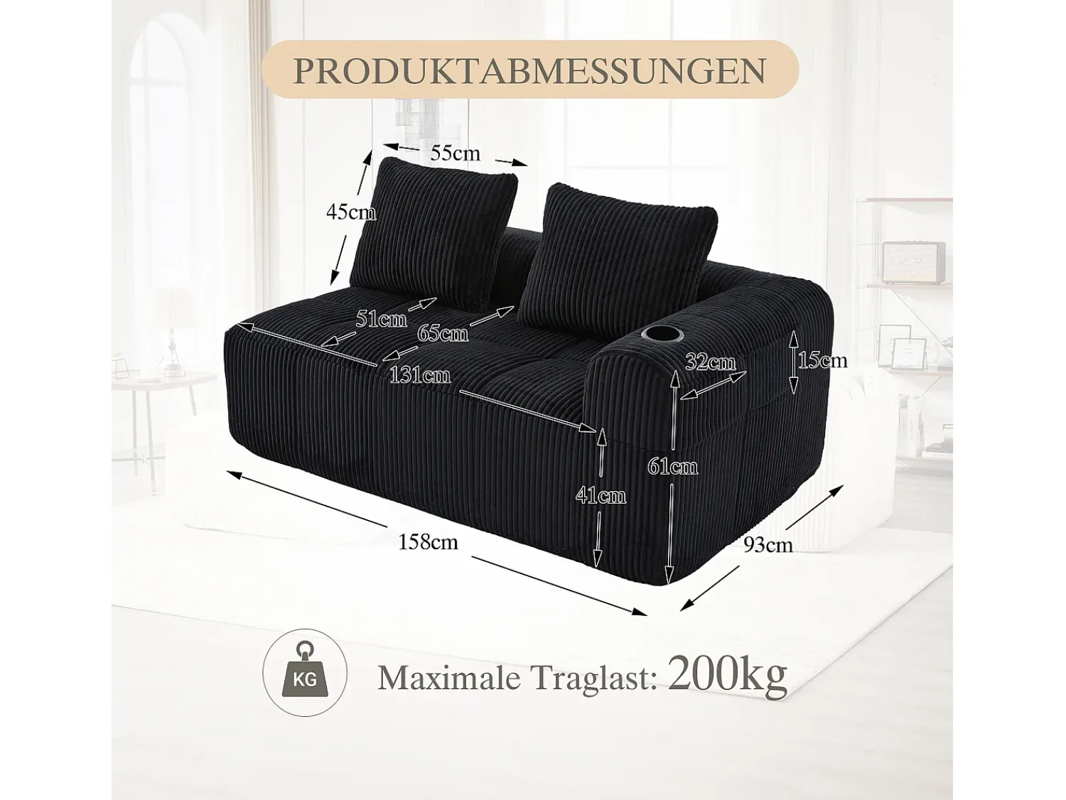 Outlet Hauss Spole Sofá de 2 lugares com almofada e bolso lateral - Veludo Cotelê - Preto