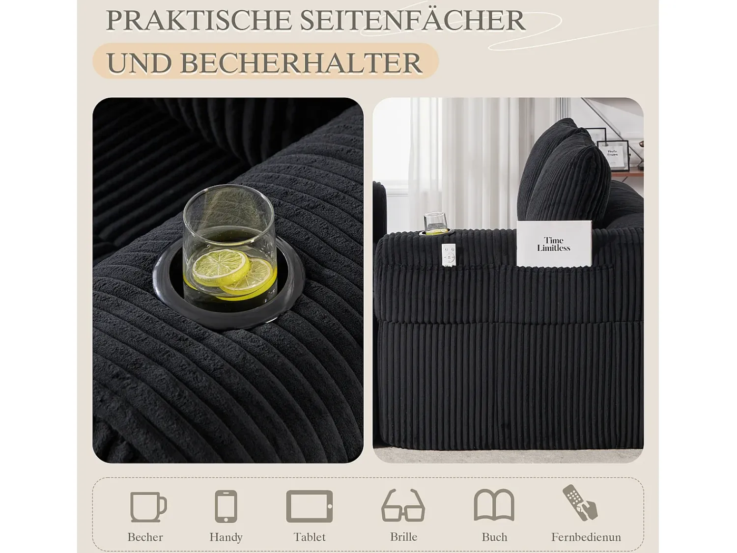 Outlet Hauss Spole Sofá de 2 lugares com almofada e bolso lateral - Veludo Cotelê - Preto