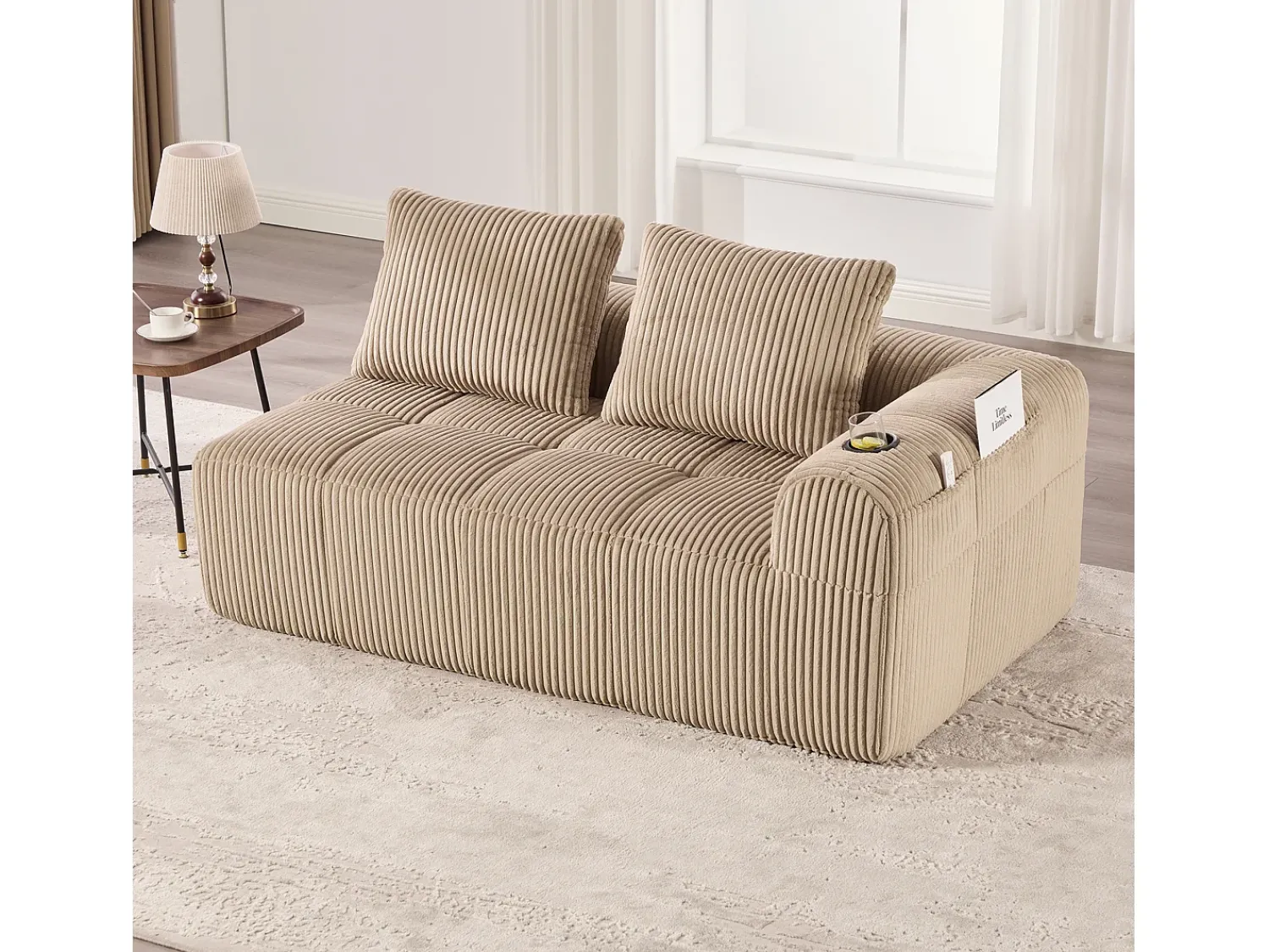 Sofá*Hauss Spole Sofá de 2 lugares com almofada e bolso lateral - Veludo cotelê - Cor Caqui