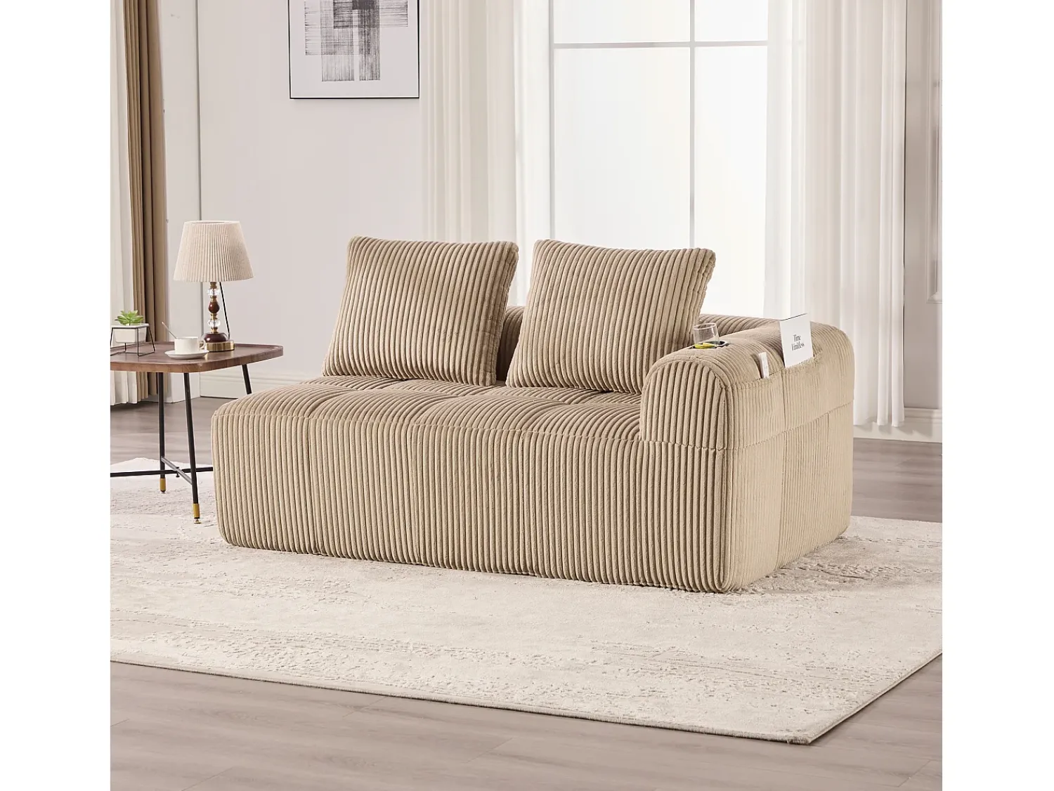 Sofá*Hauss Spole Sofá de 2 lugares com almofada e bolso lateral - Veludo cotelê - Cor Caqui