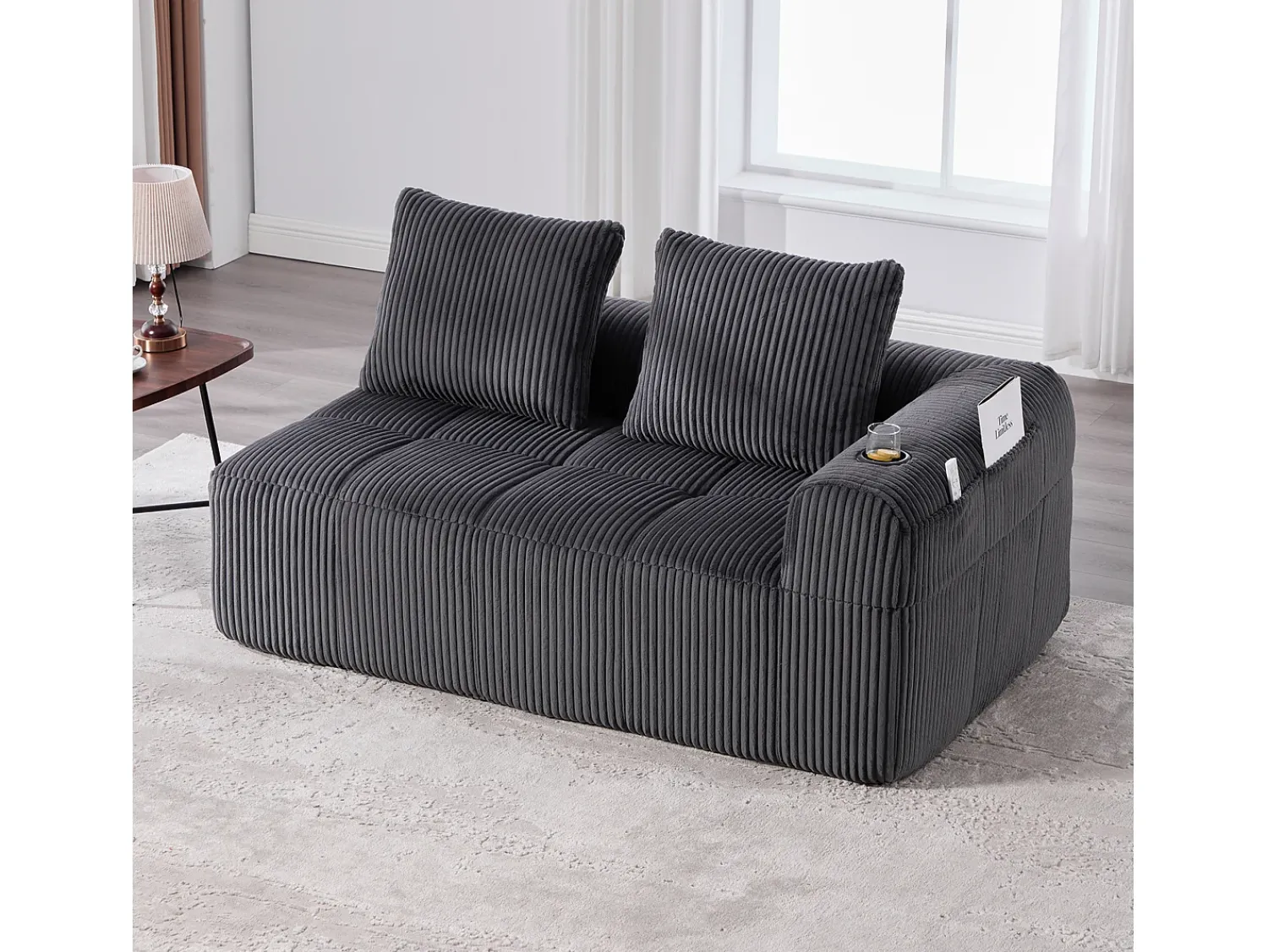 Sofá*Hauss Spole Sofá de 2 lugares com almofada e bolso lateral - Veludo cotelê - Cinza escuro Cinzento