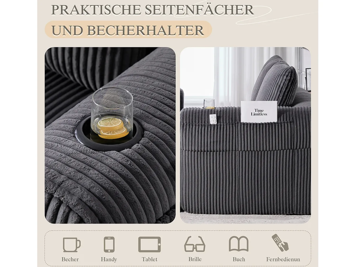 Sofá*Hauss Spole Sofá de 2 lugares com almofada e bolso lateral - Veludo cotelê - Cinza escuro Cinzento